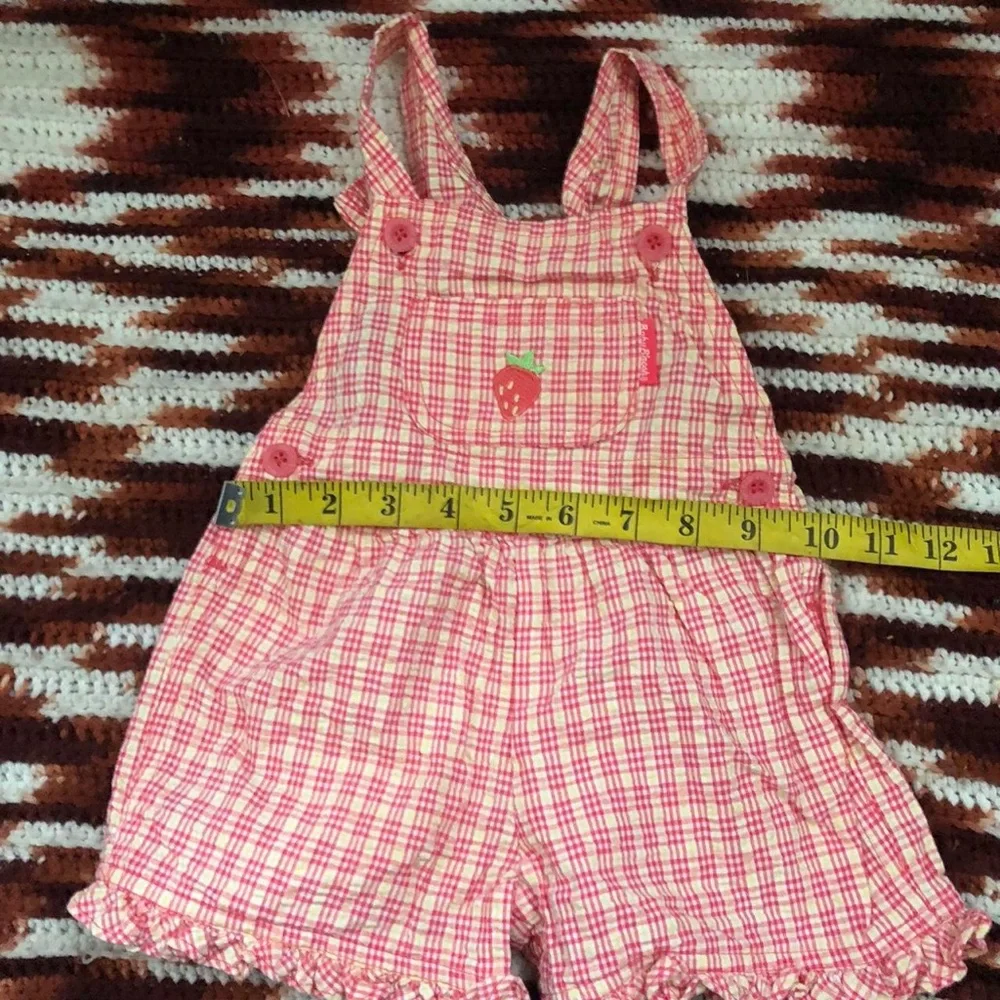 VTG RARE OshKosh B'gosh Pink Gingham Ruffle Strawberry Baby Overalls 12M HTF USA